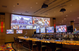 A large projection screen and twelve 55in LED TV's make the Sunset Bar at the Hollywood Casino St. Louis one of the highlights of the facility.