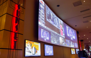 The curved projection screen provides plenty of large-scale sports and marketing display capability the St Louis facility.